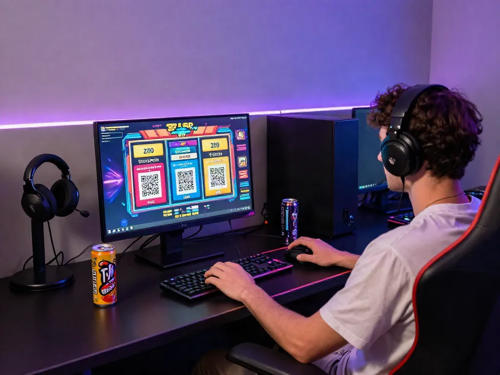 Engaging slot qris gaming setup with a user focused on vibrant graphics and QR codes.
