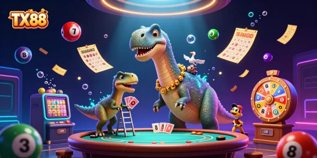 TX 88 offers an exciting casino experience with vibrant lottery elements and playful characters.