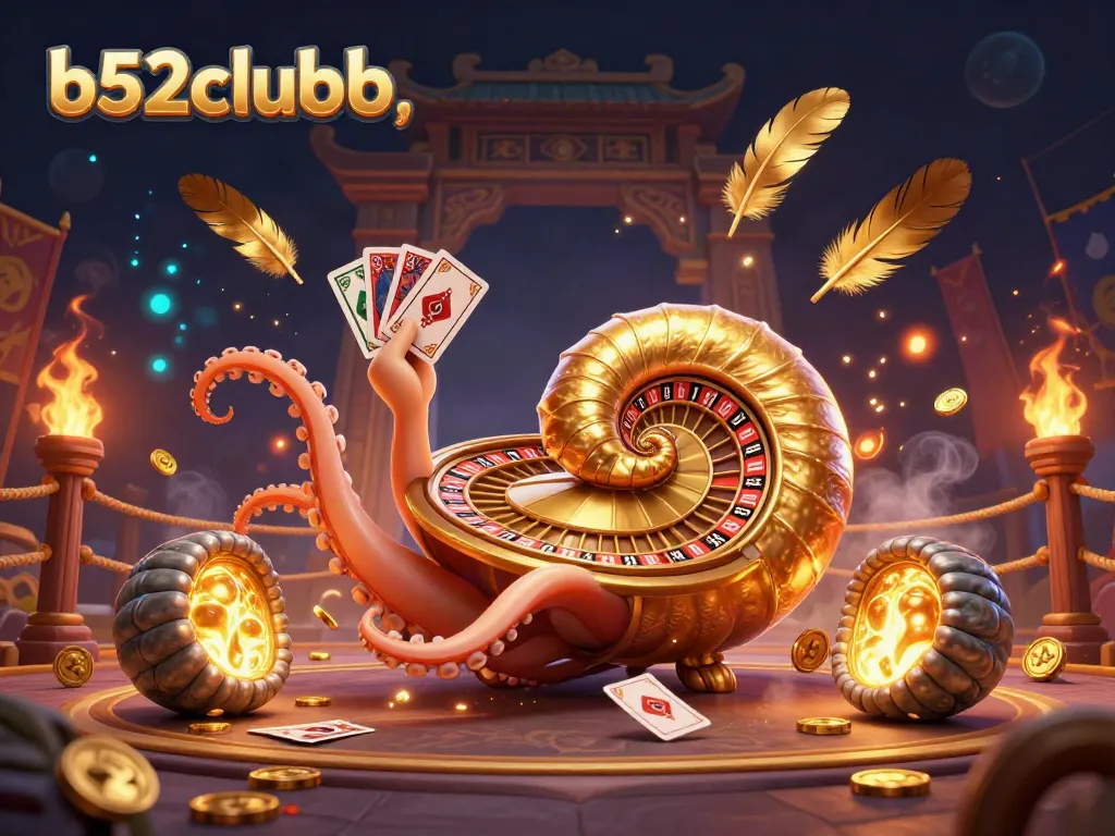 Engage with b52clubb's vibrant gaming world through a stunning 3D casino illustration featuring dynamic characters and casino elements.