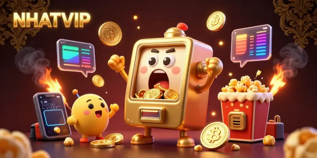 Celebrate your winnings with NHATVIP as the animated slot machine hits the jackpot, surrounded by cheering smaller machines and crypto elements.
