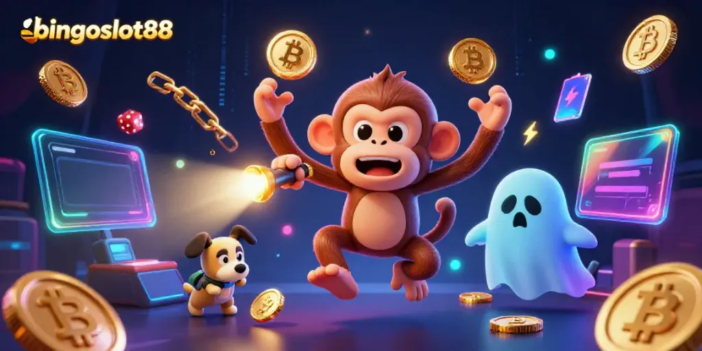 Permainan seru di bingoslot88 dengan karakter hantu dan anjing pemburu, dikelilingi koin kripto dan efek supernatural.