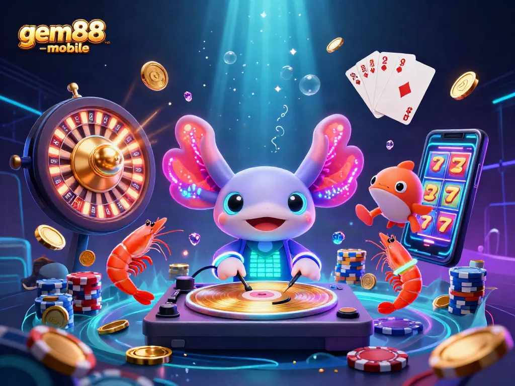 Experience vibrant casino fun with the gem88-mobile 3D illustration featuring neon characters and gaming elements.