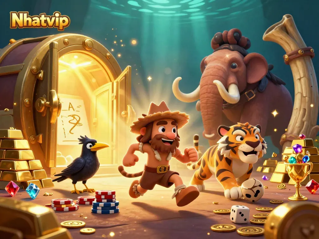 Nhatvip showcases a dynamic 3D casino scene with playful prehistoric characters, treasures, and rich visual details.