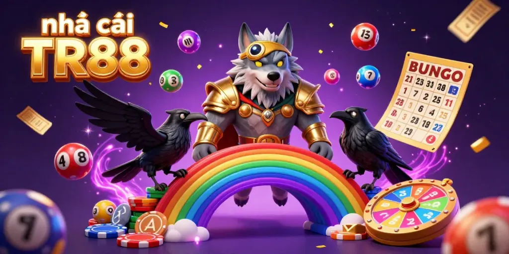 Engage with Nhà cái TR88's dynamic gaming realm, where Odin and his ravens celebrate on a casino chip bridge.