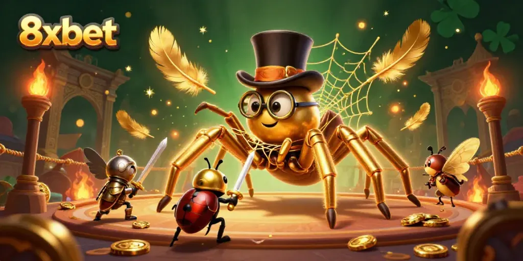 Engage with the vibrant scene of 8xbet, showcasing a golden tarantula and beetle knight in a dynamic casino setting.
