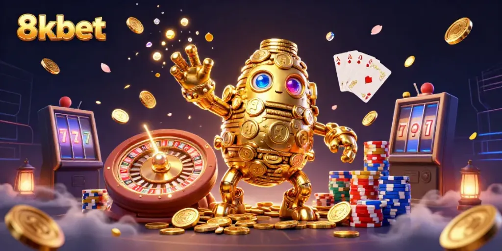 Join the excitement with 8xbet's vibrant online casino experience featuring animated characters and sparkling gems.