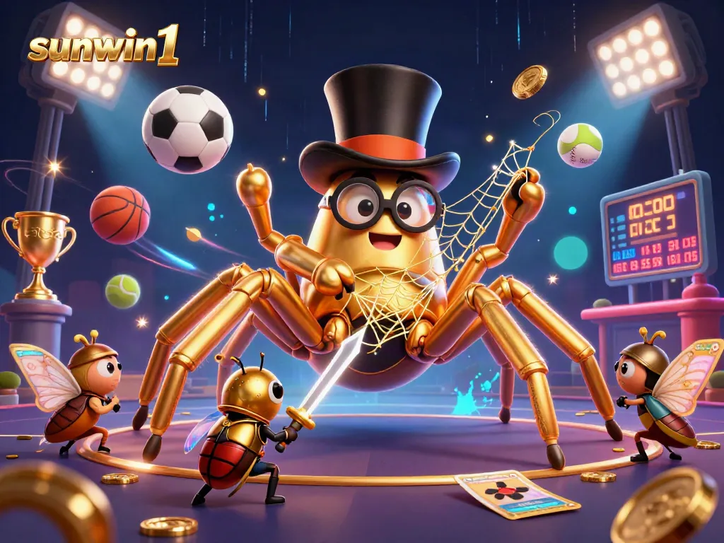 Bet on vibrant games at sunwin1 with golden tarantula weaving threads across a lively casino scene.