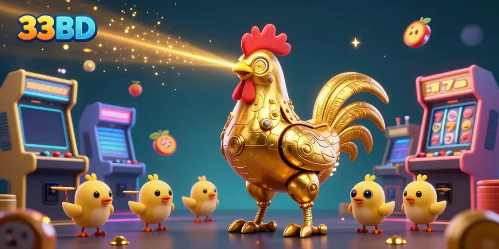 Engage with the action at 33BD casino featuring a golden rooster robot amidst dynamic arcade game machines.