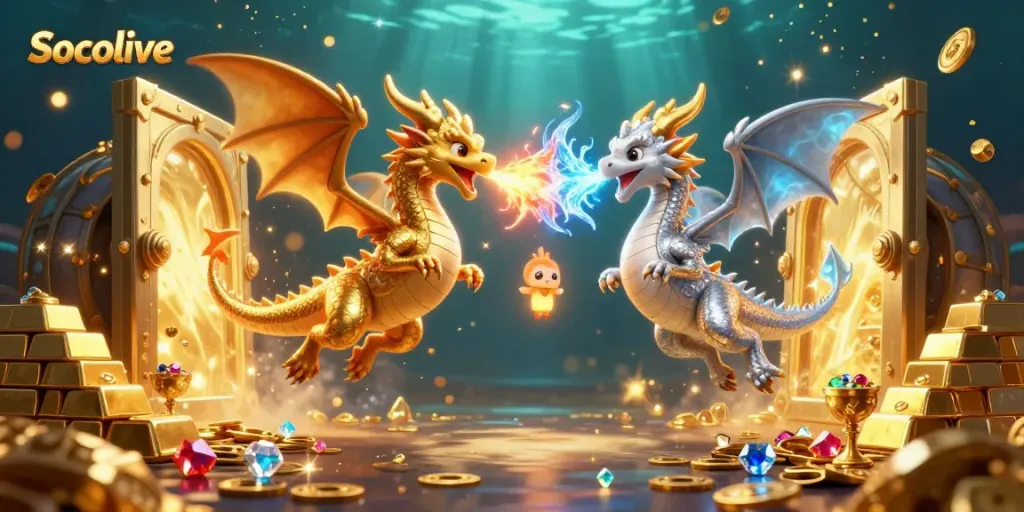 Socolive showcases thrilling fire and ice dragons amidst shimmering gold rewards and treasures in a vibrant casino scene.