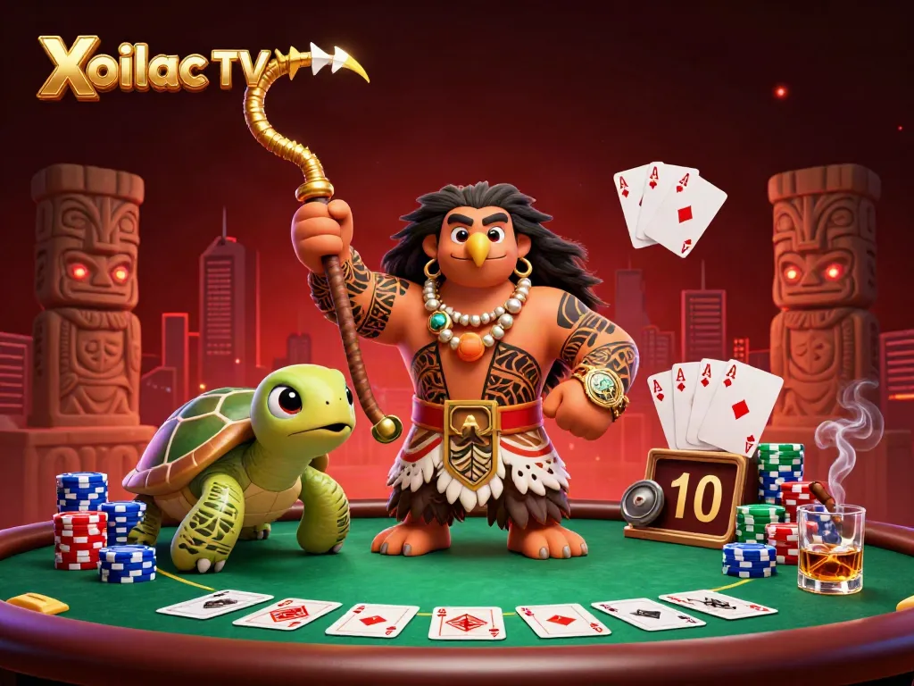 Xoilac TV brings excitement with a magical hawk, poker chips, and vibrant illustrations in a casino-themed scene.