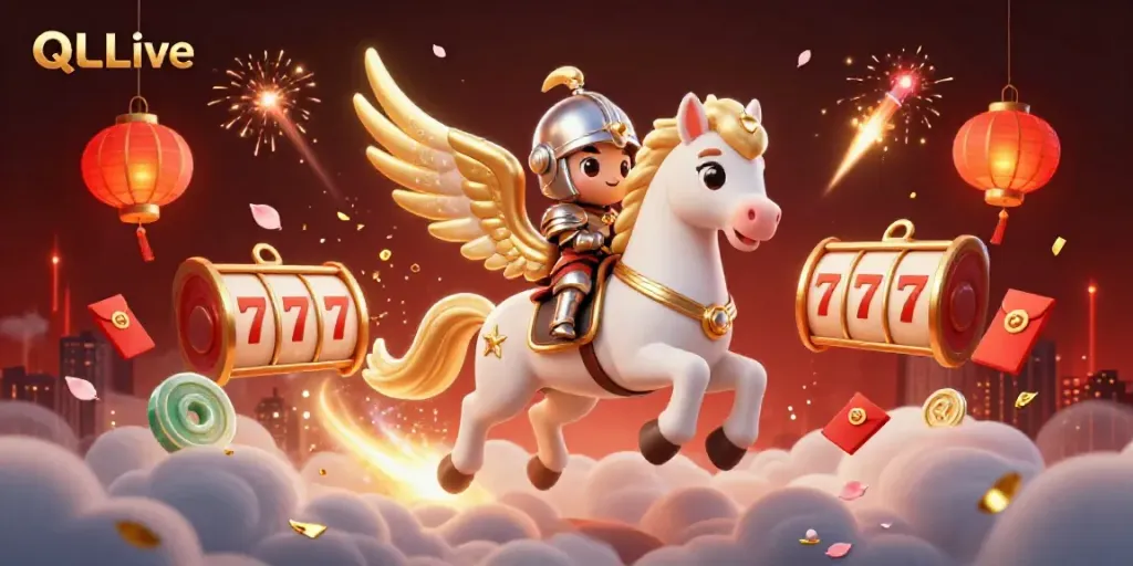 Engage with QQLive's vibrant casino world featuring a celestial horse, lively slot reels, and festive elements.