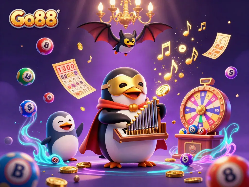 Experience Go88's thrilling games with a vibrant 3D illustration of a penguin playing the organ, surrounded by lottery elements.