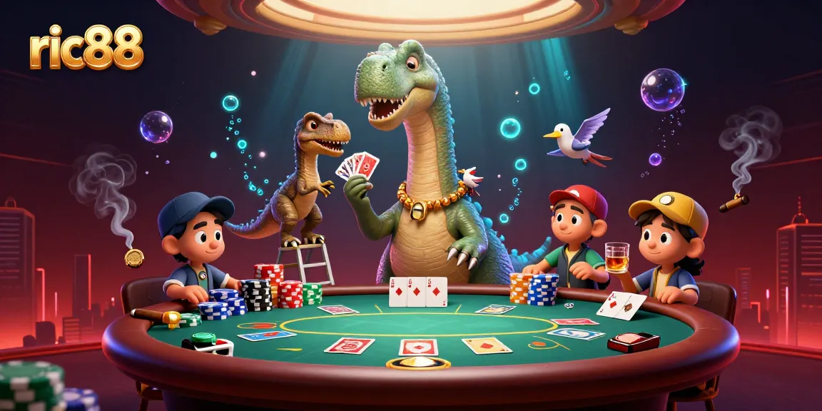 Engage in thrilling poker action with ric88 as a giant brontosaurus oversees a vibrant casino scene.