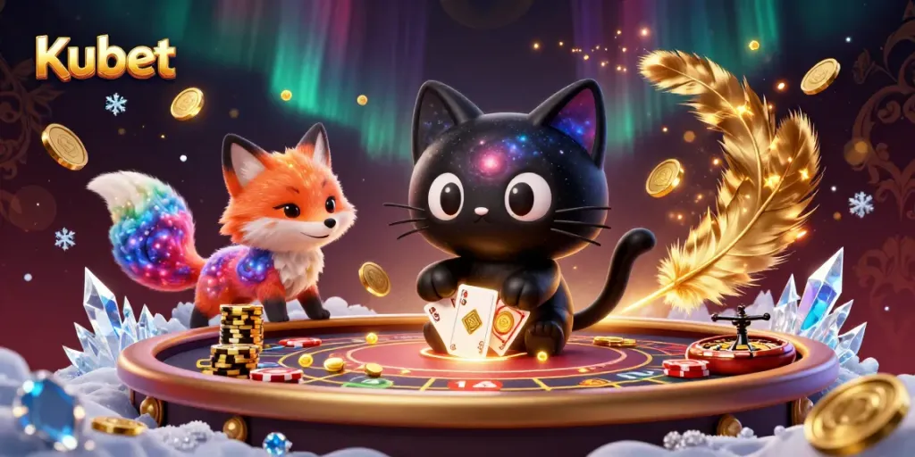 Kubet spins golden chips and cards at a cosmic casino, showcasing a whimsical black hole cat and nebula fox.