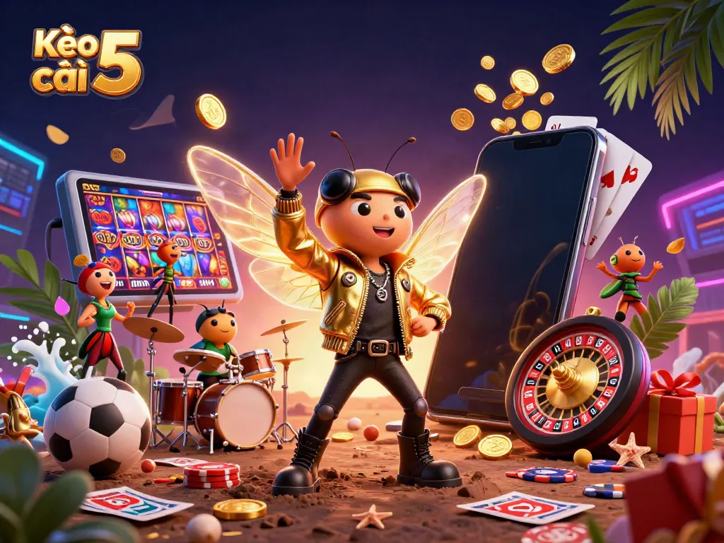 Engage with Kèo nhà cái 5 through vivid casino-themed artwork featuring sports betting elements and lively characters.