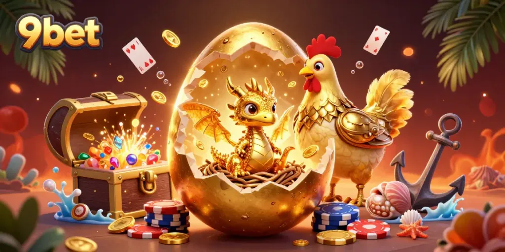 Experience thrilling 9bet action with a golden dragon and poker chips in a vibrant casino illustration.