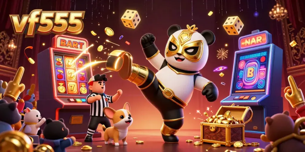 Engaging scene showcasing vf555's immersive casino experience with vibrant characters, jackpots, and game elements.