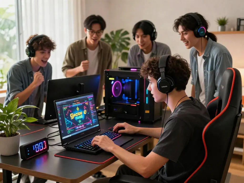Exciting gaming scene featuring a young man focused on slot gacor hari ini, with friends sharing strategies.