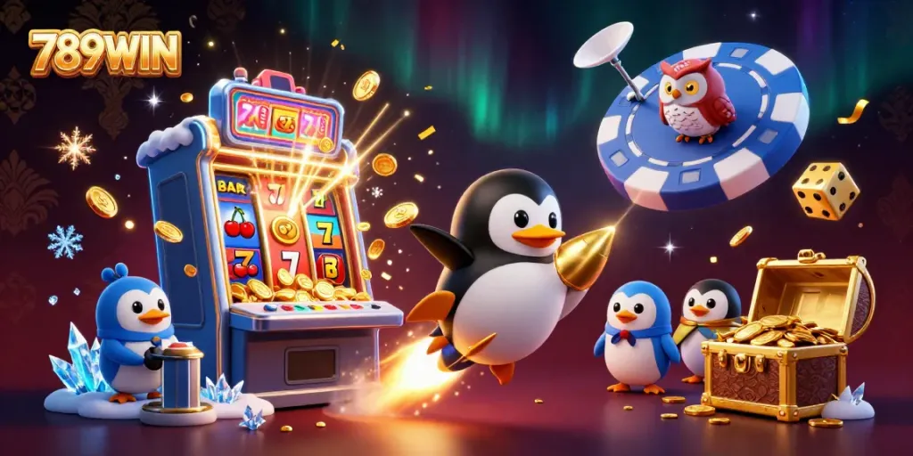 Experience the thrill of 789WIN with a joyous golden penguin soaring towards a vibrant casino space station while scattering coins.