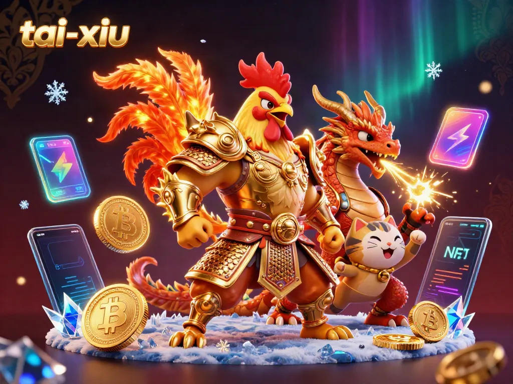 Experience the thrilling game of tai-xiu with a dynamic illustration of a courageous rooster warrior and a dragon hatchling in an enchanting casino setting.