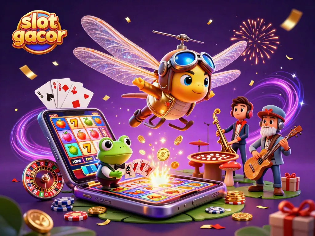 Spin the reels of slot gacor in a whimsical casino scene with a dragonfly pilot and frog dealer.