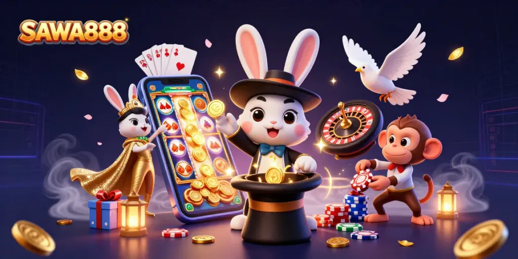 Spin to win with SAWA888 featuring a magician rabbit, dove, and monkey amidst casino games.