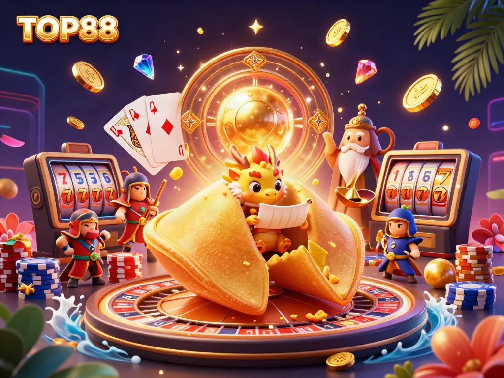 Experience the thrill of TOP88 with a dragon and golden cookie in this vibrant gaming illustration.