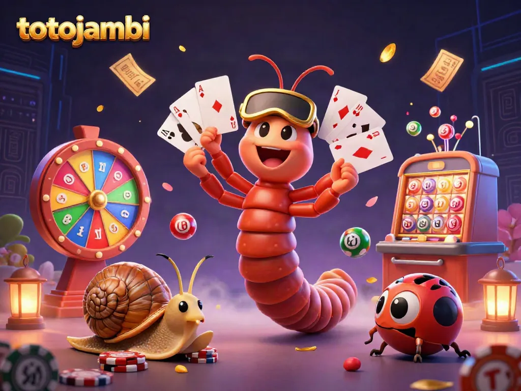 A dazzling scene of the totojambi lottery with vibrant characters and dynamic game elements celebrating big wins.