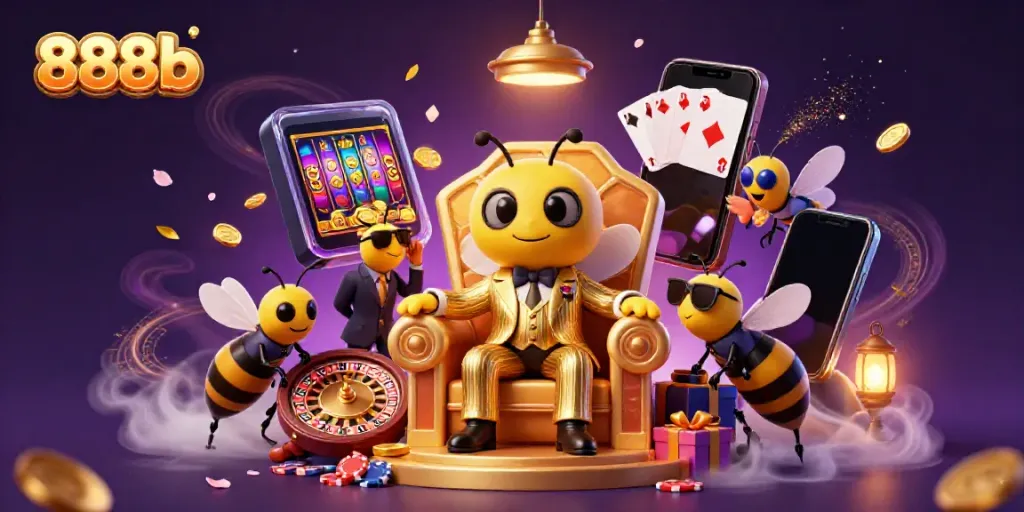 Engage with 888b's immersive casino experience amidst dynamic gambling scenes featuring vibrant characters.