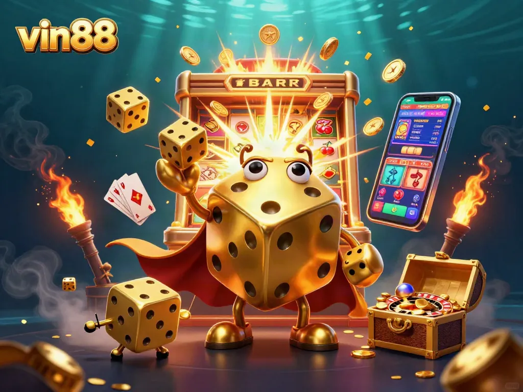Experience thrilling gaming at vin88 with dynamic 3D dice, slot machines, and casino elements bursting with excitement.