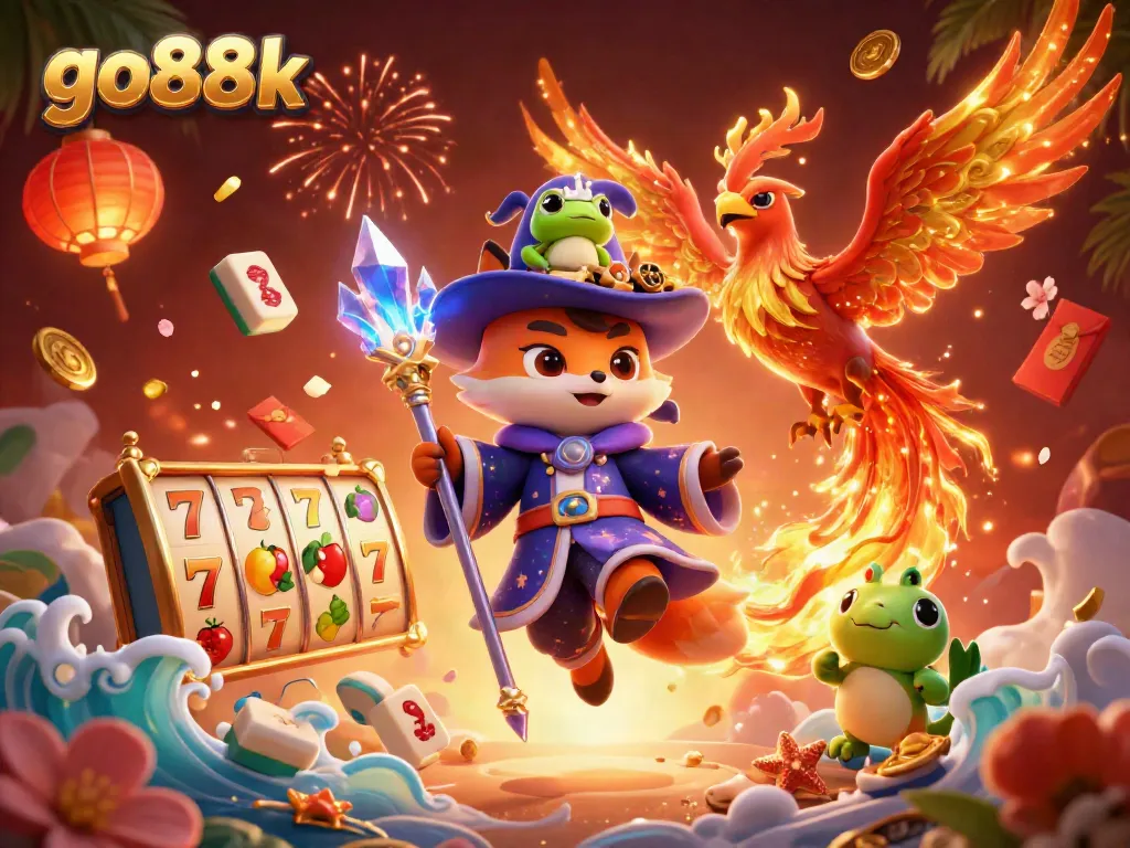 Experience the magic of go88k with a wizard, phoenix, and enchanted frog amidst vibrant gambling elements.