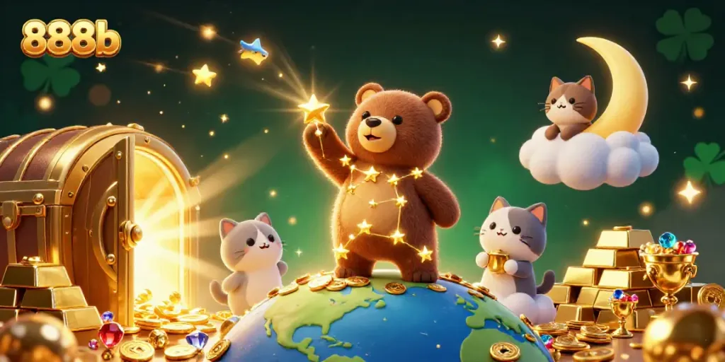 Engage with the vibrant casino world of 888b, featuring a constellation bear collecting gold coins amidst dazzling treasures.