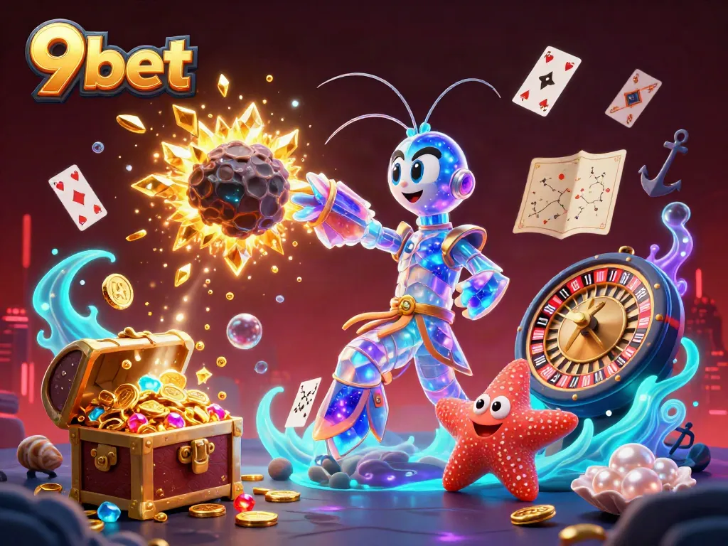 Engaging view of 9bet's live casino scene featuring a samurai shrimp and starfish amidst shimmering treasure.
