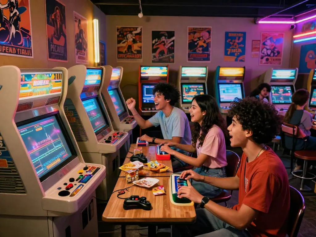 Group of friends enjoying PECAH404 classic arcade games in a vibrant retro setting.