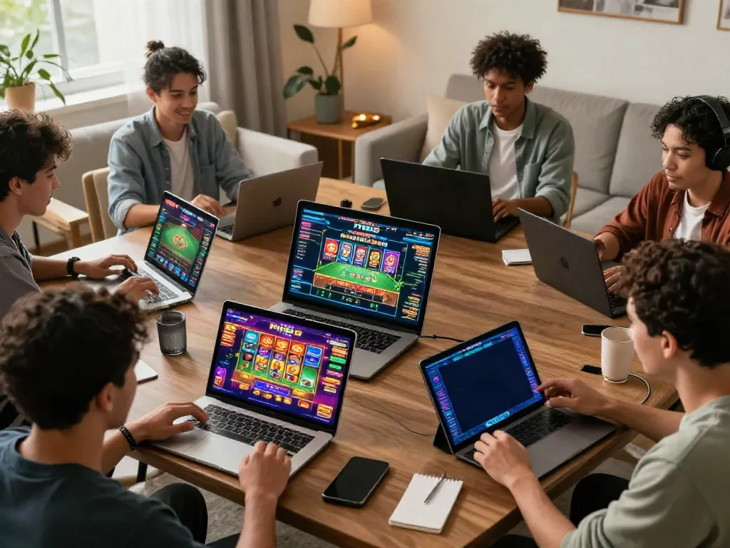 Players engaged on devices showcasing five88's online gaming platform, highlighting vibrant games and excitement.