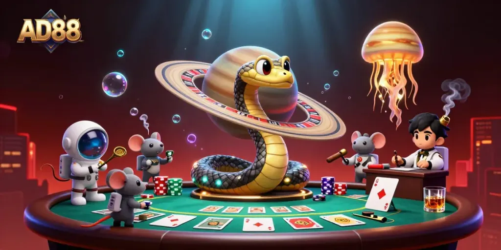 Bet on AD88's cosmic roulette with cartoon characters in a vibrant casino scene.