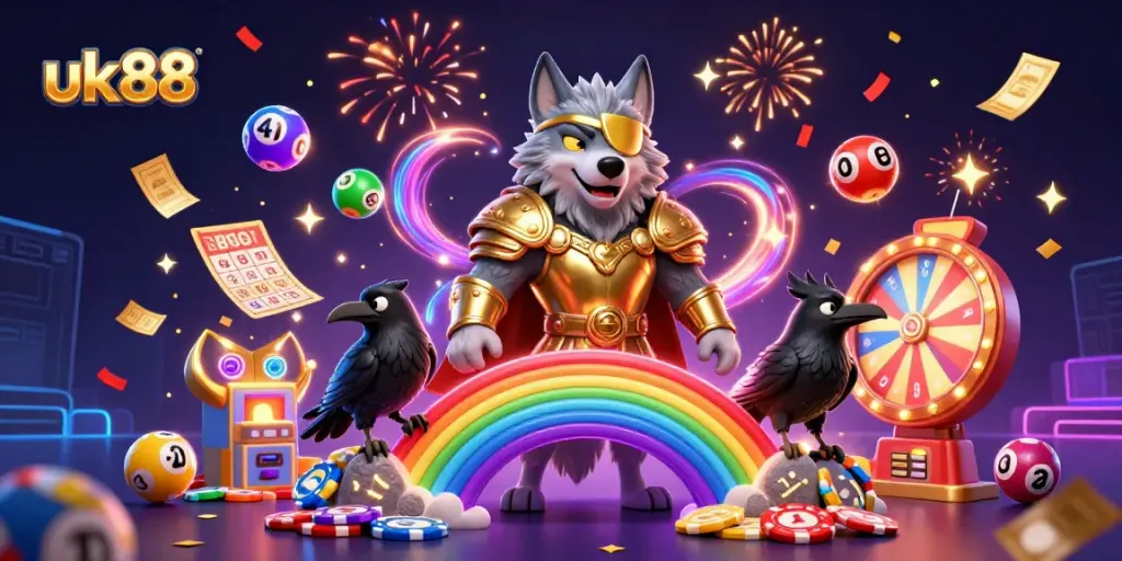 Experience the thrill of gaming at uk88 with Odin and ravens on a casino chip rainbow bridge.