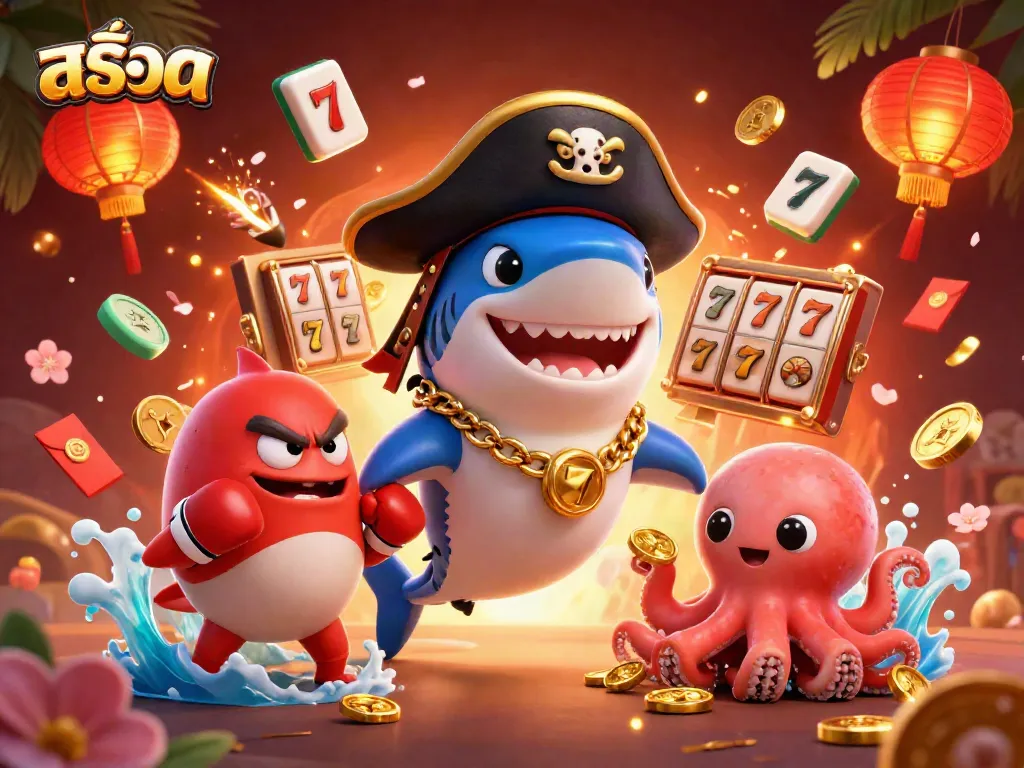 Engaging illustration of สล็อต characters enjoying vibrant slot games with gold coins and lively elements.