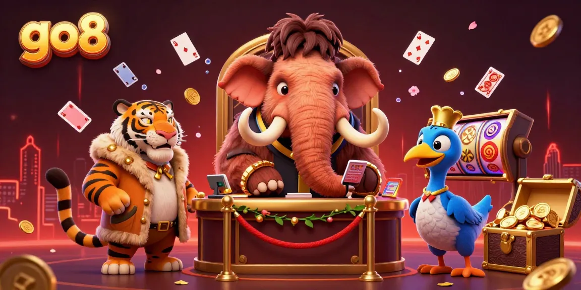 Experience vibrant casino action with go8 as a woolly mammoth bouncer checks IDs at an exciting entrance.