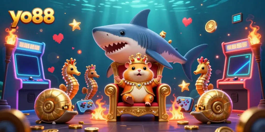 Engage in exciting games at yo88, where a golden hamster king reigns over a vibrant, casino-themed scene.