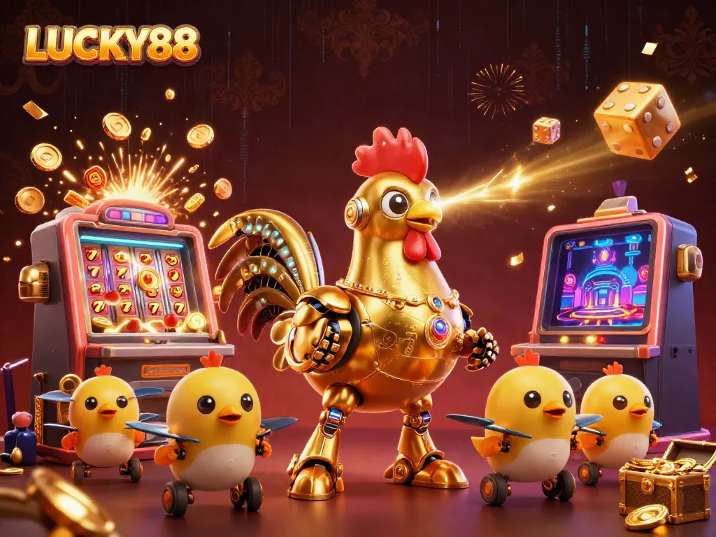 Experience the thrill of LUCKY88 with a vibrant 3D casino scene featuring exciting gaming elements.