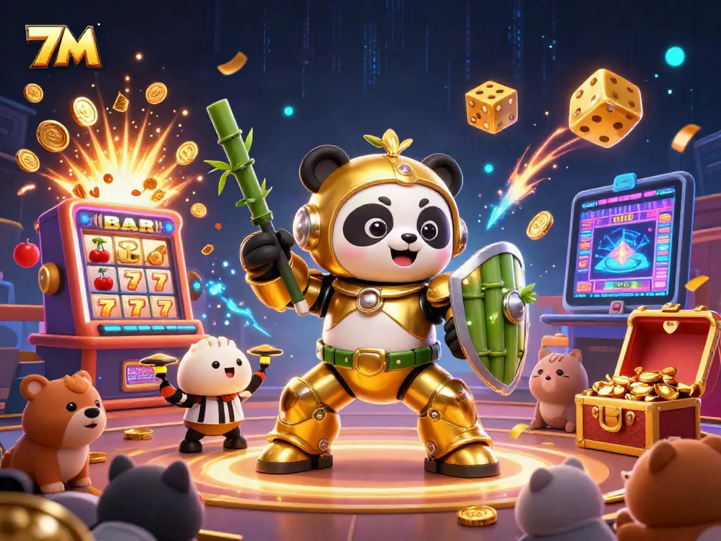 Bet on 7M’s dynamic action-packed arena with slot machines, a golden panda, and winning characters.