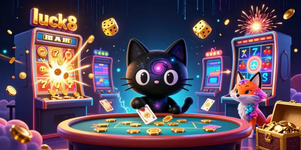 Engage with luck8 through a cosmic casino adventure featuring a black hole cat and a nebula fox.