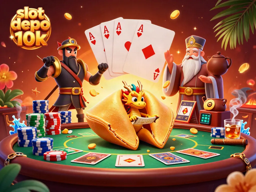 Engage with exciting slot games at slot depo 10k, featuring vibrant 3D characters and casino elements.