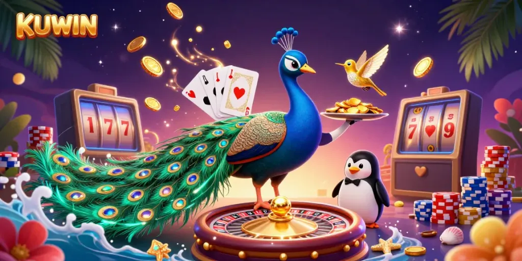 Kuwin provides an exhilarating casino experience with a peacock, butler, and hummingbird amidst sparkling gems and gold.