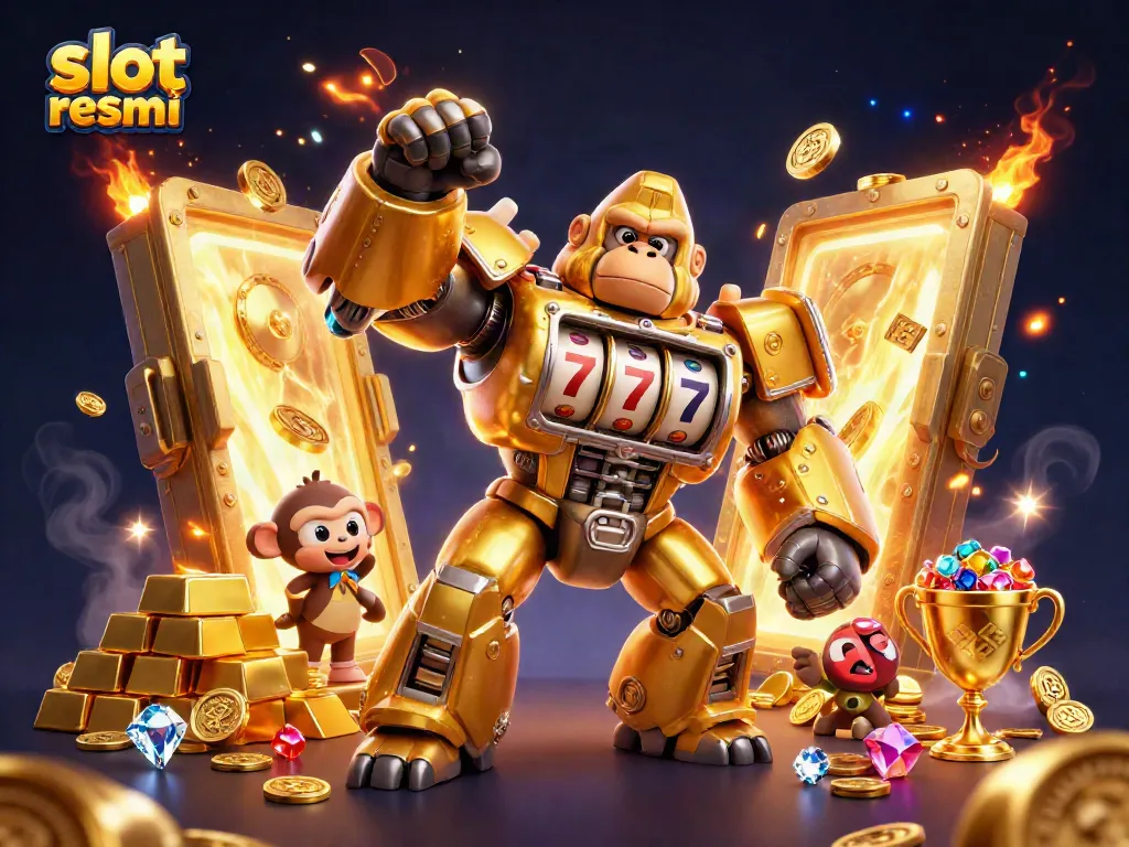 Experience excitement with slot resmi gameplay featuring a golden gorilla mech and treasures galore.