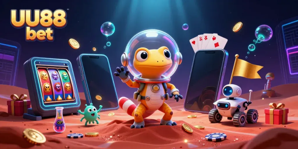 Experience the thrill of UU88 bet with a vibrant 3D casino adventure featuring a gecko and robot.