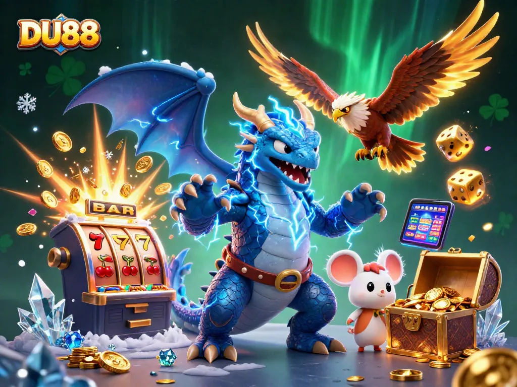 Experience thrilling wins with DU88 in this vibrant casino-themed illustration showcasing dynamic game elements.