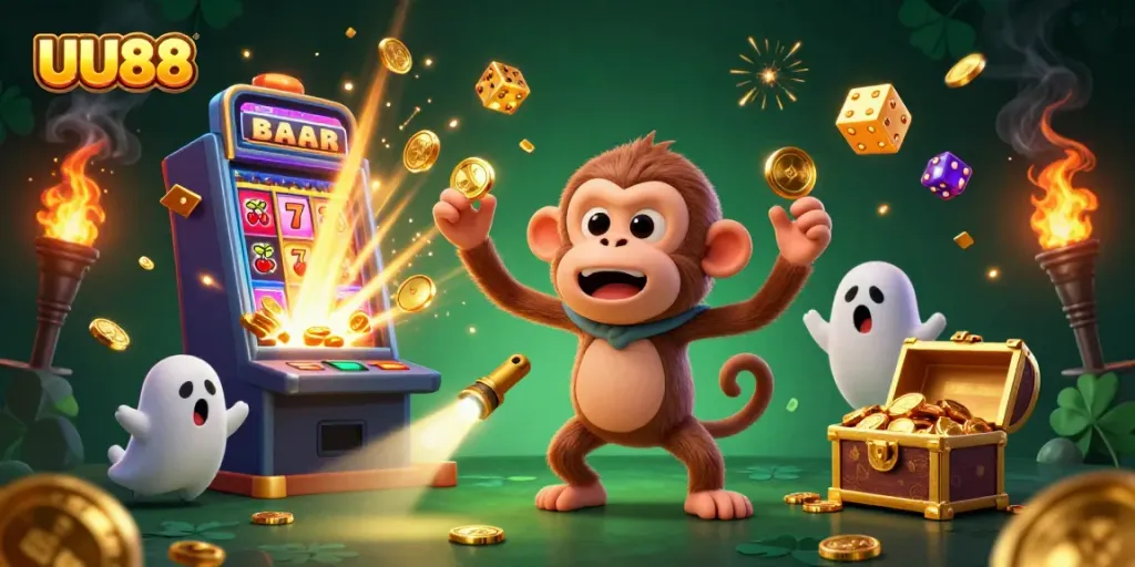 Experience thrilling wins with UU88 in a vivid 3D casino illustration featuring playful gambling action.