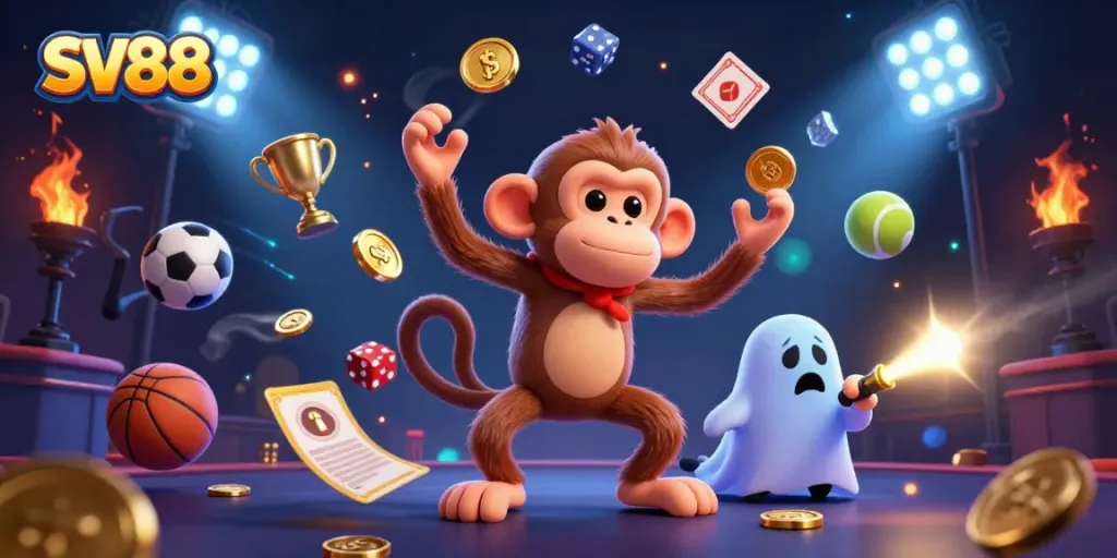 Experience the thrill with SV88: a vibrant haunted casino scene showcasing a monkey and a ghost-hunter puppy.
